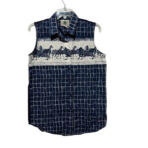 Women Western horse print Sleeveless 70's blue, white Shirt Large